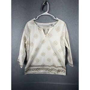First Issue Blouse Womens Large White Geometric Sequin Tunic Top 3/4 Sleeve